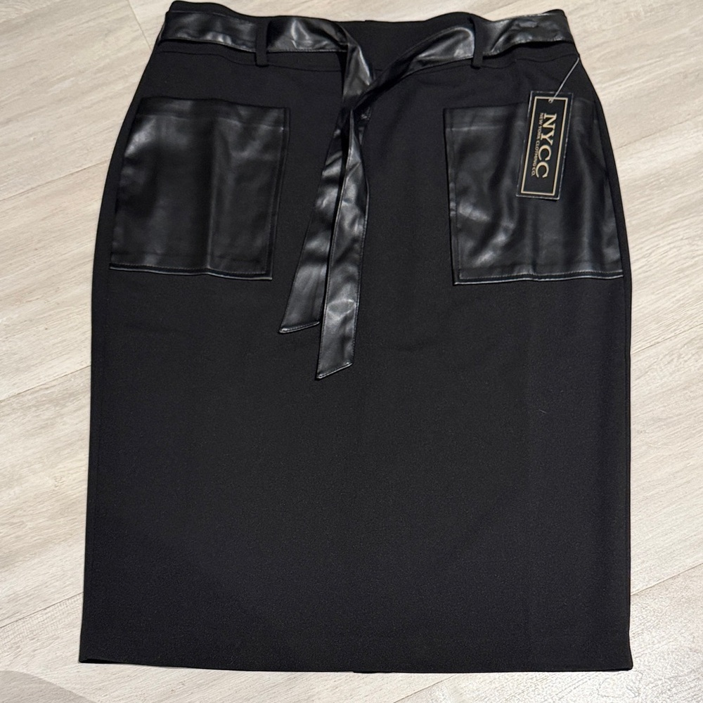 NYCC Elegant Black Pencil Skirt with Faux Leather Accents